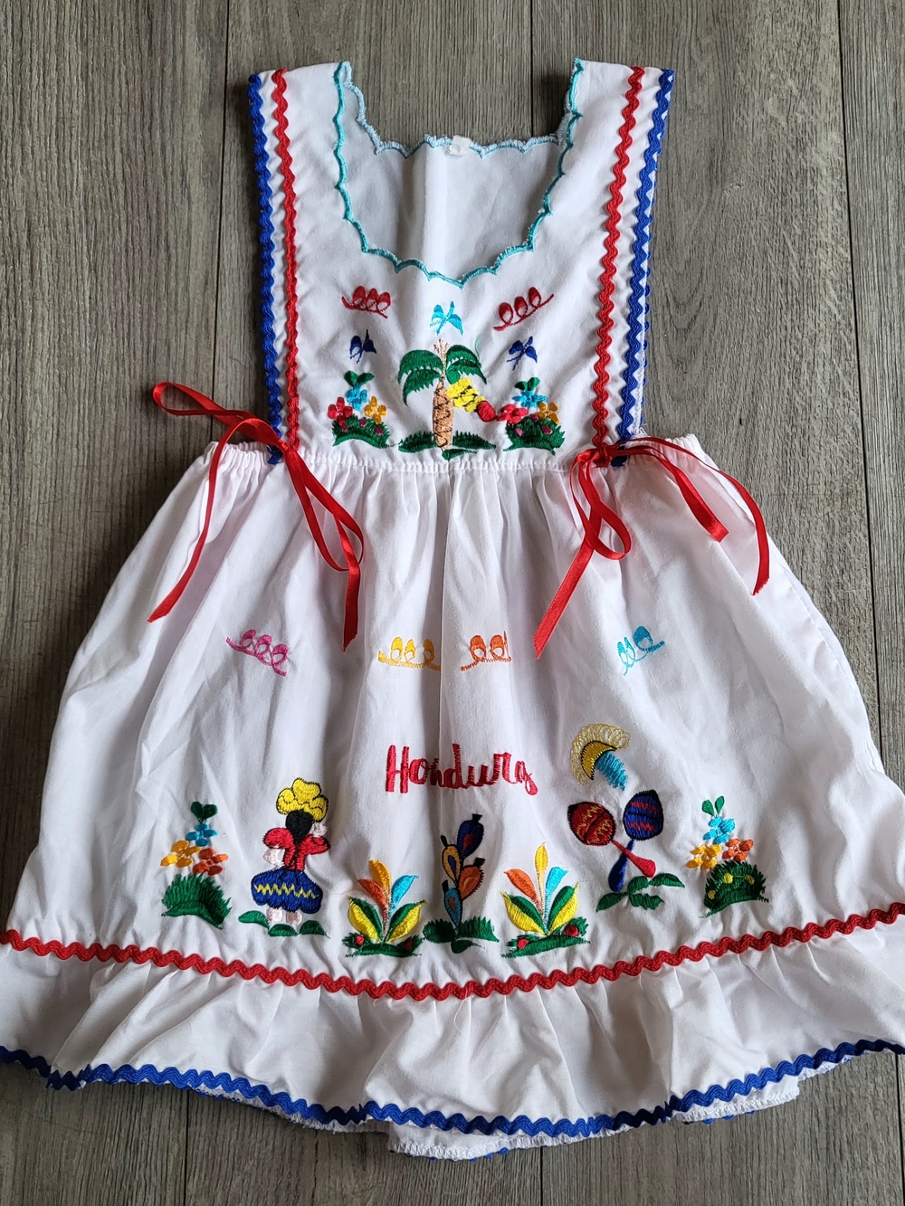 Honduran Girls Folk Dress White Embroidered Honduras Fiesta Pinafore Size 4T vtg